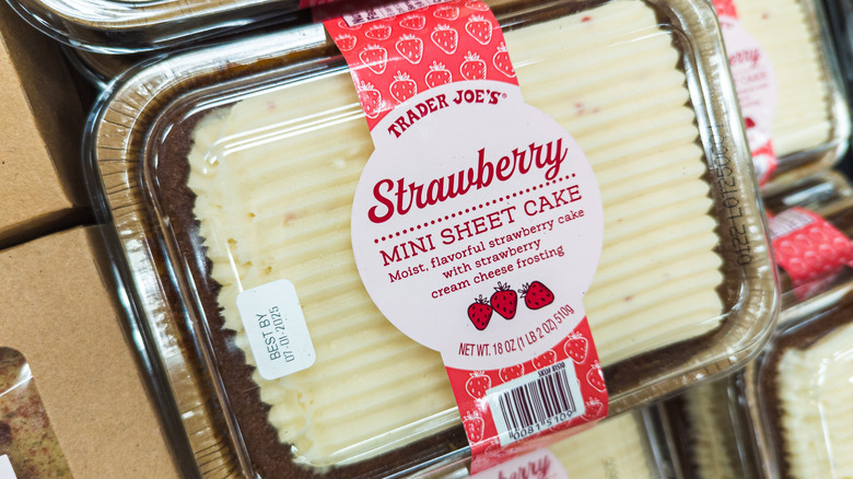 Trader Joe's Strawberry mini sheet cake on shelf in store