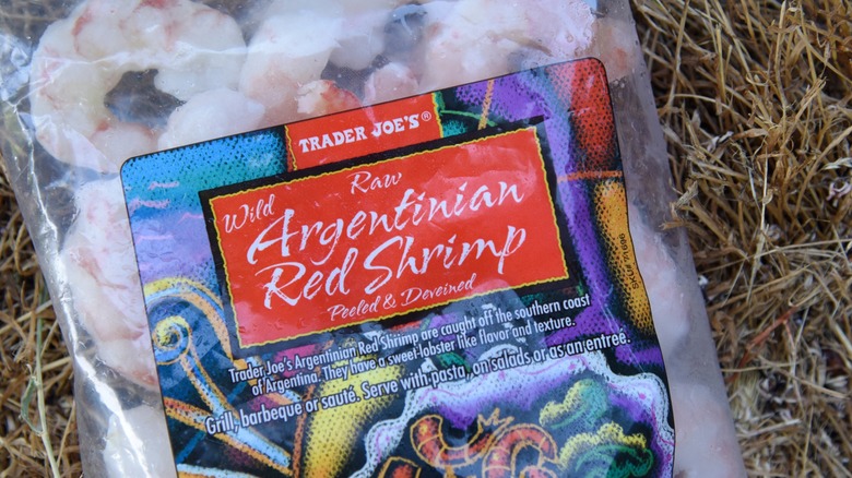Close-up of bag of Trader Joe's Red Argentinian raw shrimp