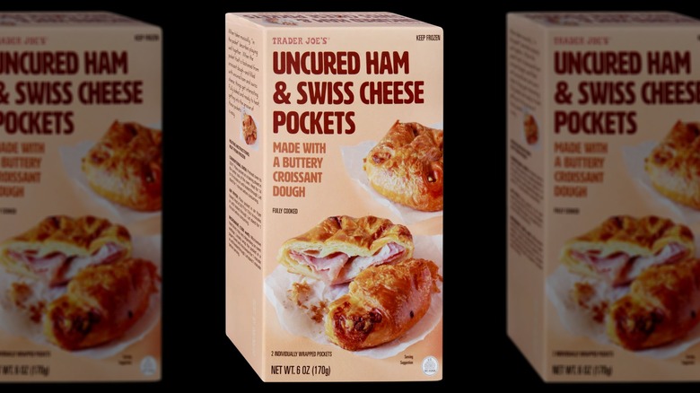 Box of TJ's Uncured Ham & Swiss Cheese Pockets.