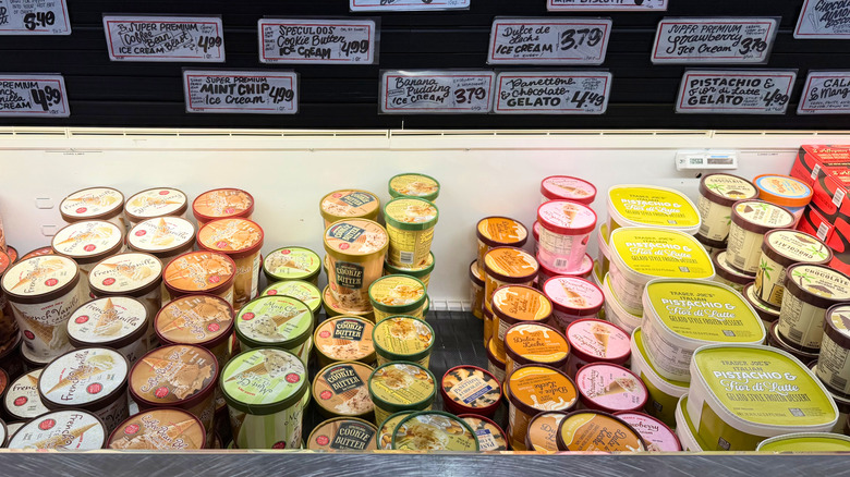 Assorted pints of ice cream in Trader Joe's freezer section
