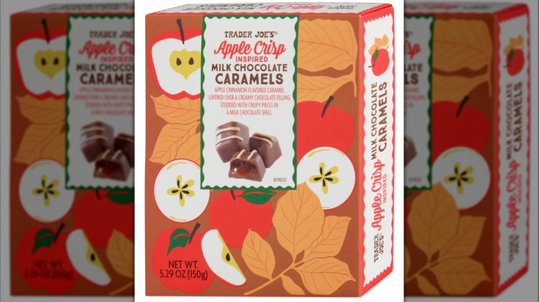 Box of Trader Joe's Apple Crisp Inspired Milk Chocolate Caramels on white background