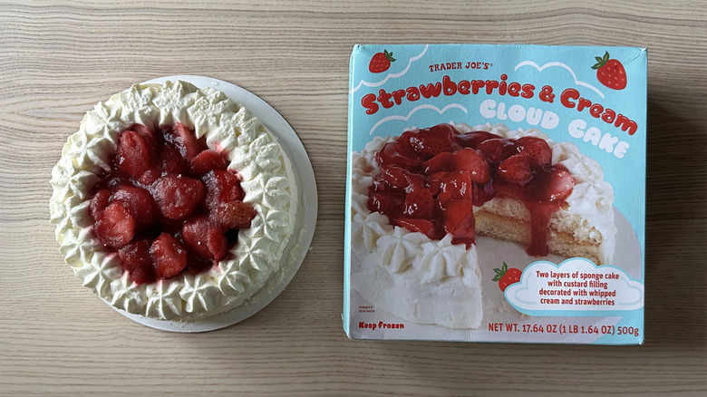 Trader Joe's Strawberries and Cream Cloud Cake on wooden table