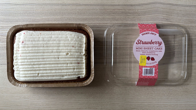 Trader Joe's Strawberry Mini Sheet Cake on wooden table