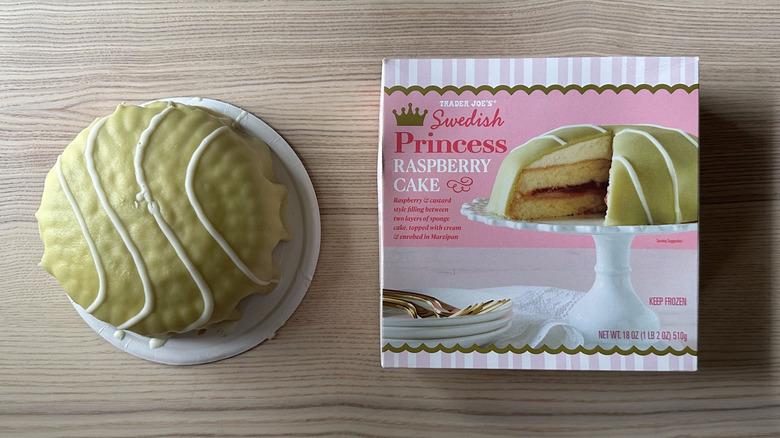 Trader Joe's Swedish Princess Raspberry Cake on wooden table