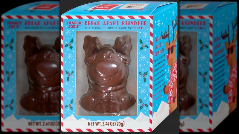 A festive holiday box containing a Trader Joe's Break Apart Reindeer