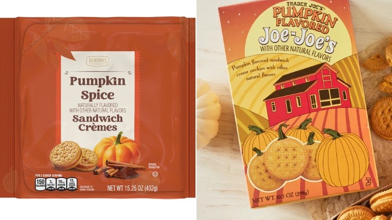 A box of Benton's Pumpkin Spice Sandwich Crèmes found at Aldi, and the similar Joe-Joe's cookie found at Trader Joe's
