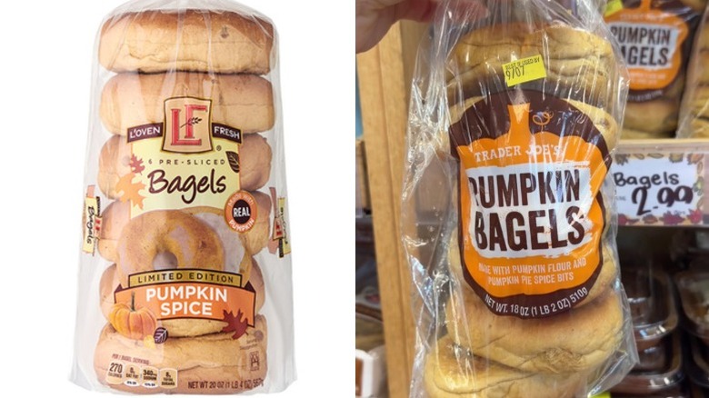 A pack of L'oven Fresh Pumpkin Spice Bagels from Aldi, and Pumpkin Bagels from Trader Joe's