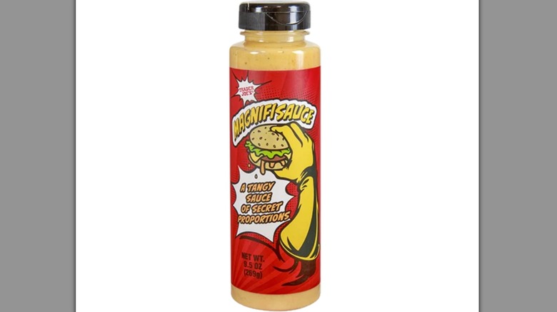 A sauce bottle that says "A Tangy Sauce of Secret Proportions"