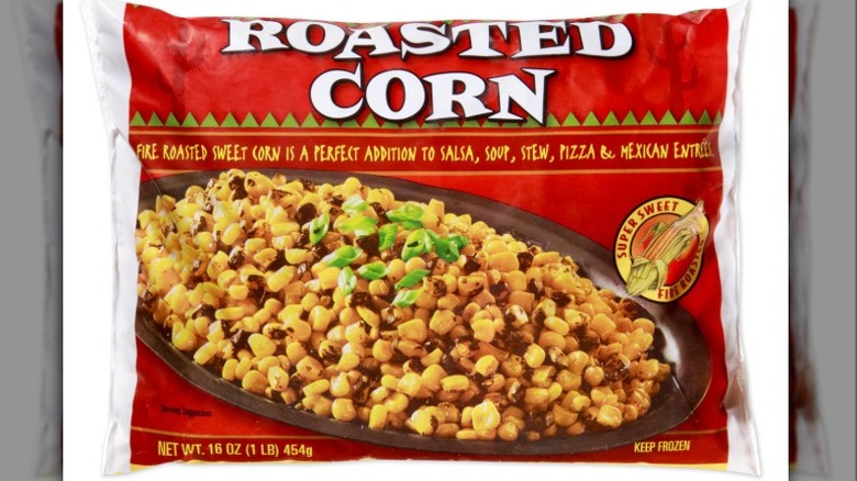 Trader Joe's bag of roasted corn on white background