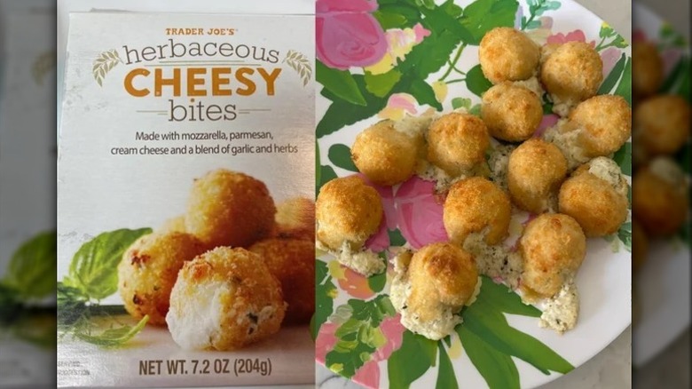 A box of Trader Joe's herbaceous cheesy bites beside a floral platter with baked cheesy bites sitting on it.