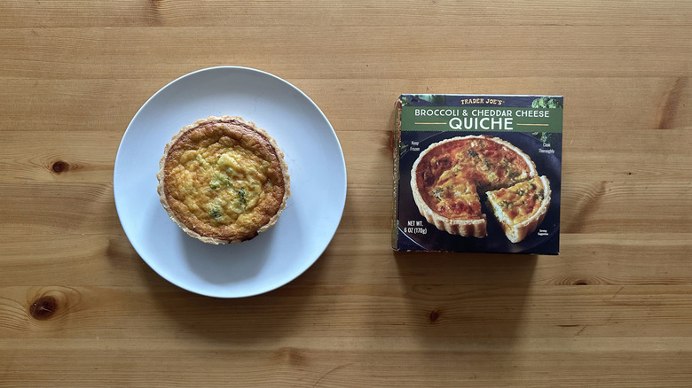 Trader Joe's Broccoli and Cheddar Cheese Quiche on white plate