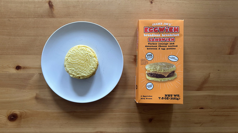 Trader Joe's Eggwich Breadless Breakfast Sandwich on white plate