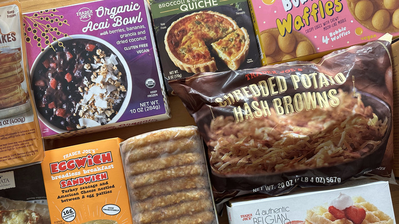 Frozen Trader Joe's breakfast products on wooden table