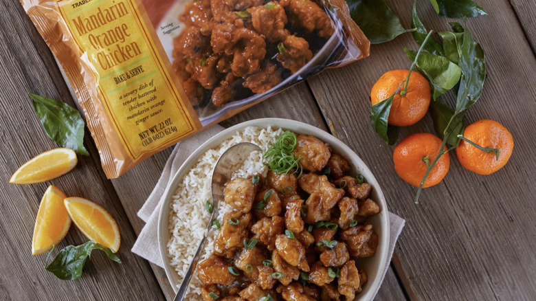 Overhead view of bowl of Trader Joe's Mandarin Orange Chicken and rice in a bowl