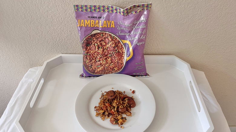 Jambalaya package and a plate on a tray