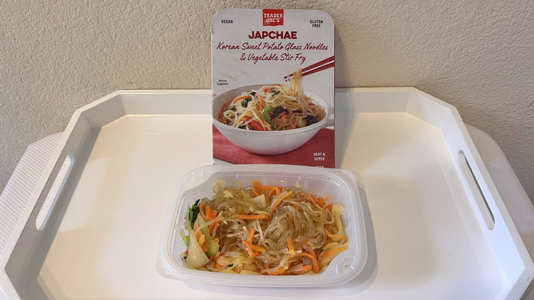 Package of Japchae Korean Glass Noodles on a tray