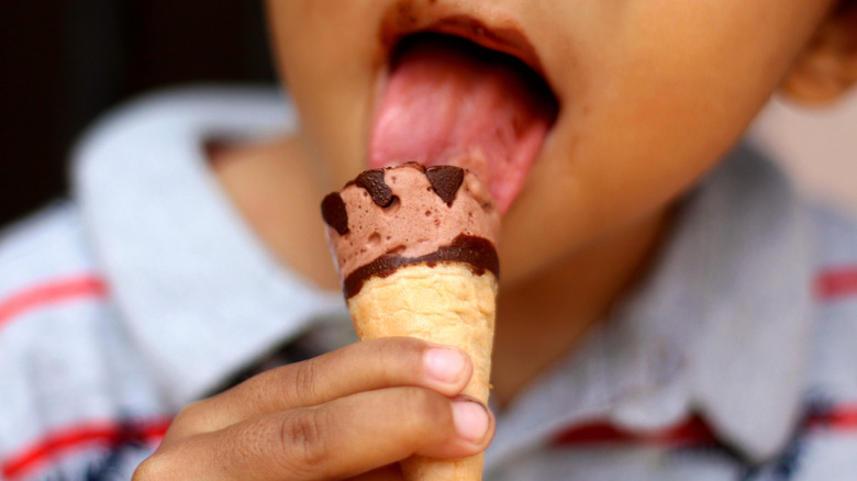 boy eating mini chocolate ice cream cone