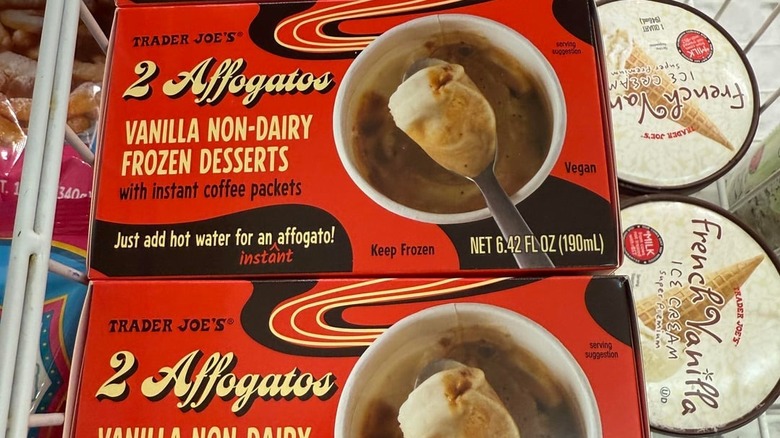 Boxes of Trader Joe's 2 Affogatos Vanilla Non-Dairy Frozen Desserts in the store's freezer chest