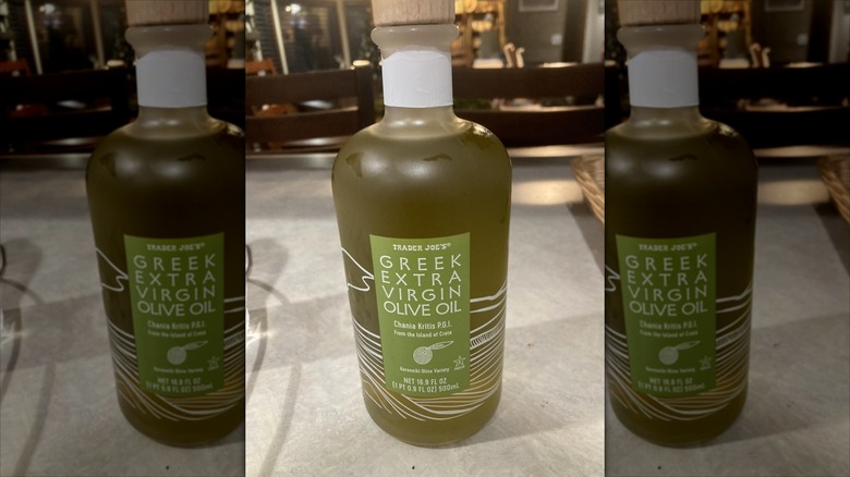 A bottle of Trader Joe's Greek Extra Virgin Olive Oil on a table