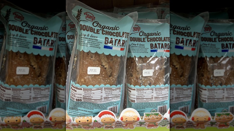 Packages of Trader Joe's Organic Double Chocolate Batard on a store shelf