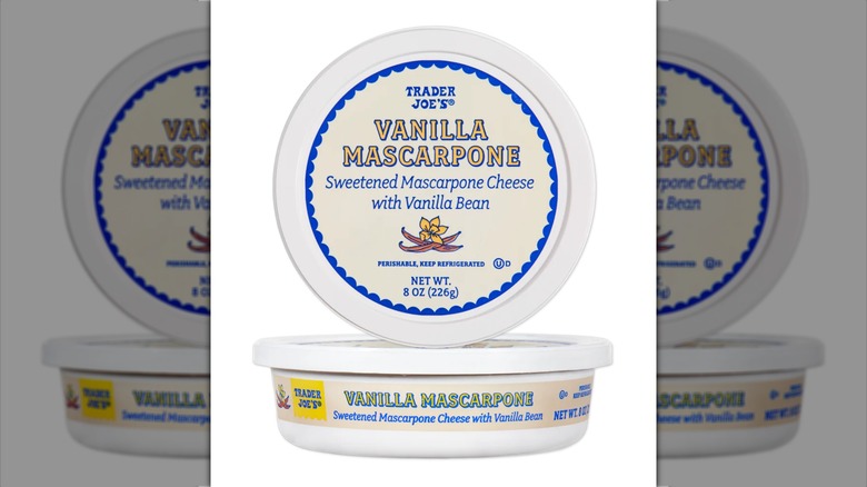 Tubes of Trader Joe's Vanilla Mascarpone cheese on white background