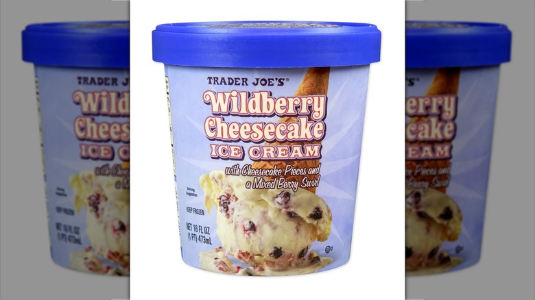 Blue and lavender pint of Trader Joe's Wildberry Cheesecake Ice Cream on white background