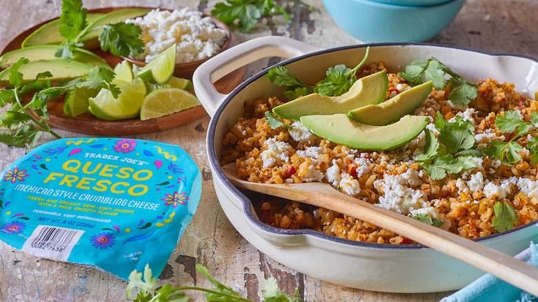 Trader Joe's Queso Fresco next to a prepared Mexican dish