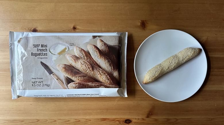 TJ's frozen mini baguettes bag and baguette on a plate