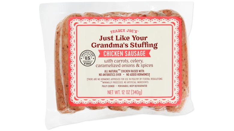 A package of Trader Joe's Just Like Your Grandma's Stuffing Chicken Sausage