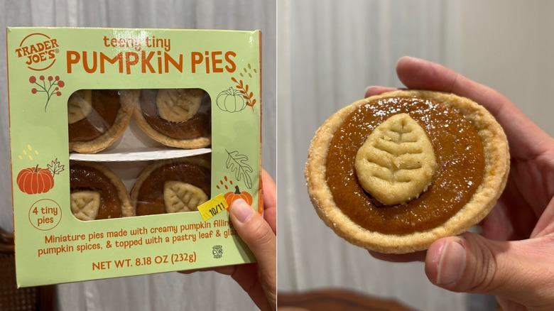 A split screen image of a package of Trader Joe's Teeny Tiny Pumpkin Pies and a person holding one of the mini pies