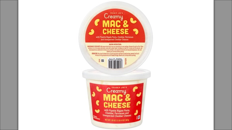 Trader Joe's Creamy Mac & Cheese containers stacked on white background