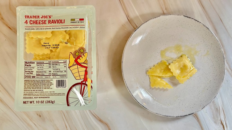Trader Joe's 4 Cheese Ravioli on white plate next to package