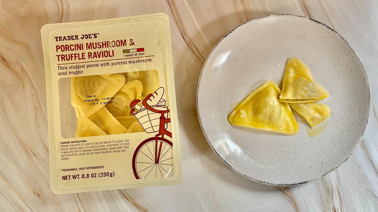 Trader Joe's Porcini Mushroom & Truffle Ravioli on white plate next to package