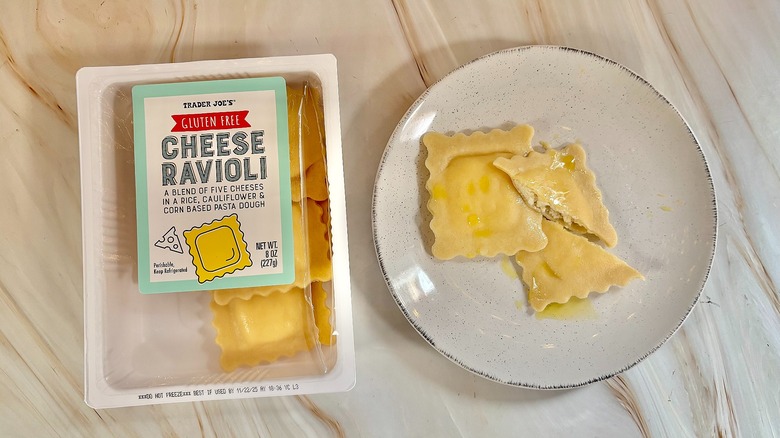 Trader Joe's Vegan Gluten Free Cheese Ravioli on white plate next to package