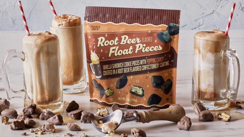 Root Beer Float Pieces and its packaging surrounded by root beer in glasses