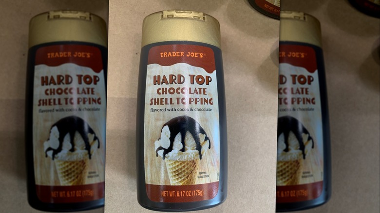 a bottle of chocolate topping that forms a hard shell