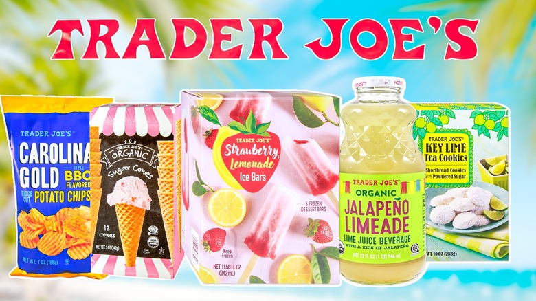 A line of packaged snack foods in boxes, bags, and bottles