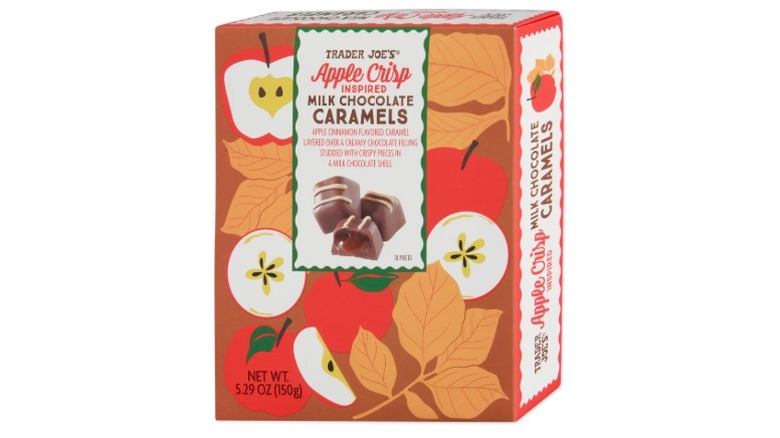 Box of Trader Joe's Apple Crisp Milk Chocolate Caramels on a white background
