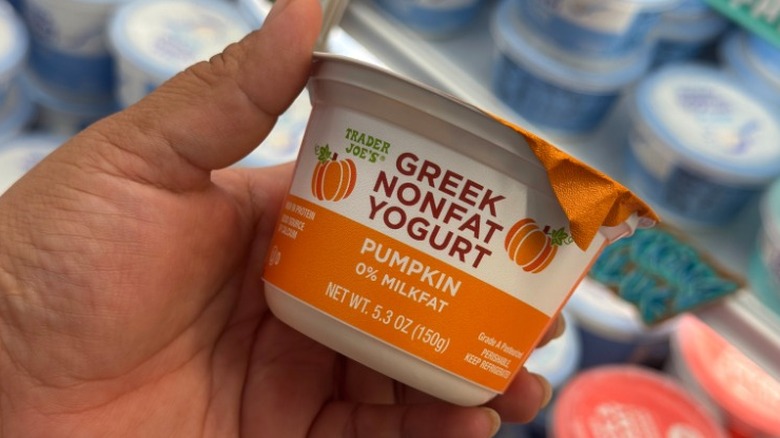 A cup of Trader Joe's pumpkin-flavored Greek Nonfat Yogurt
