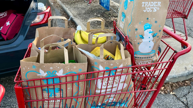 red Trader Joe's shopping cart with paper bags