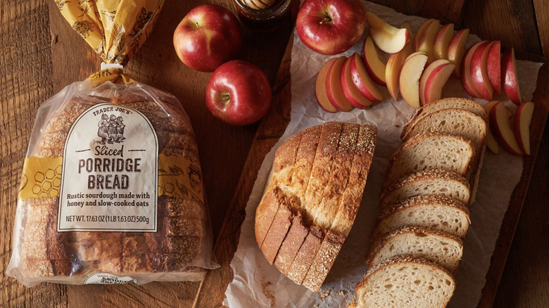 Trader Joe's Porridge Bread in plastic bag with apple slices