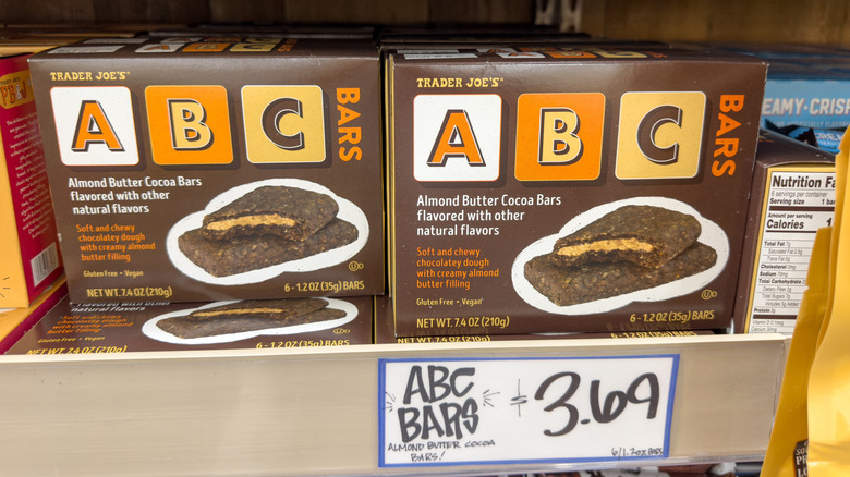 Boxes of Trader Joe's ABC bars on shelf in store