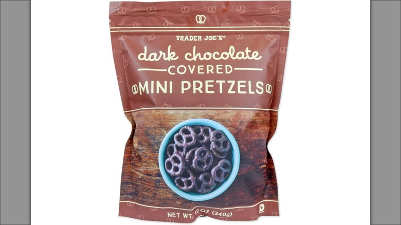Bag of Trader Joe's dark chocolate covered mini pretzels on white background