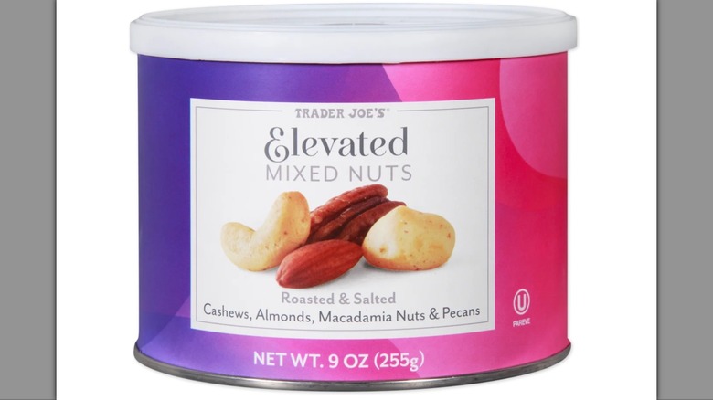 Canister of Trader Joe's Elevated Mixed Nuts on white background