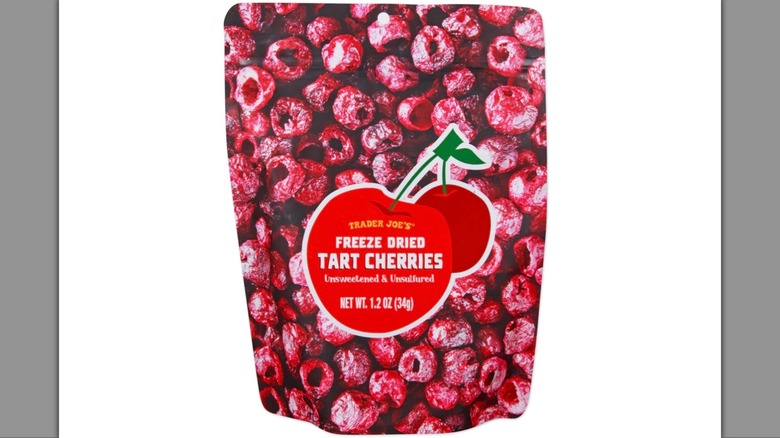 Bag of Trader Joe's freeze dried tart cherries on white background