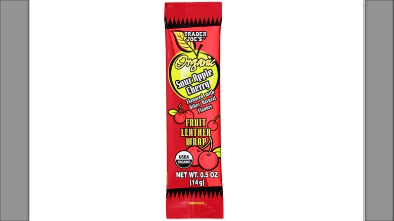 Trader Joe's Sour Apple Cherry fruit leather wrap on white background