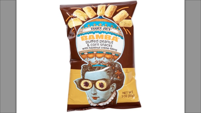 Bag of Trader Joe's Bamba with hazelnut creme filling on white background
