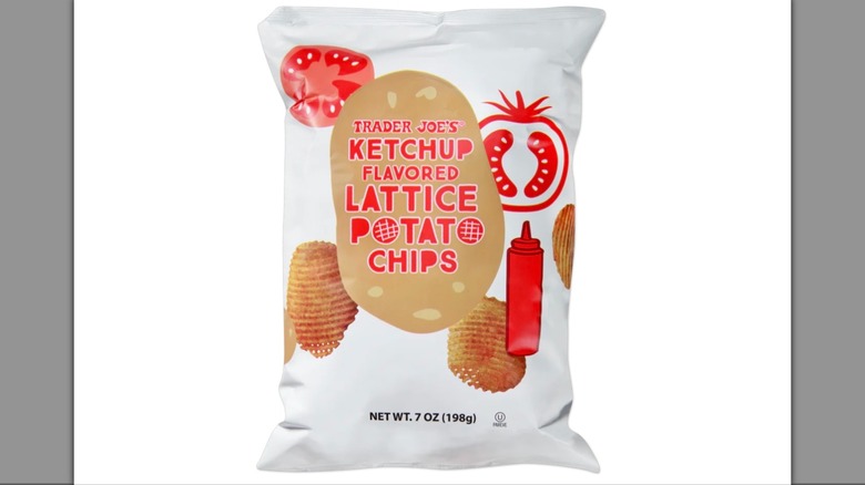 Bag of Trader Joe's ketchup chips on white background