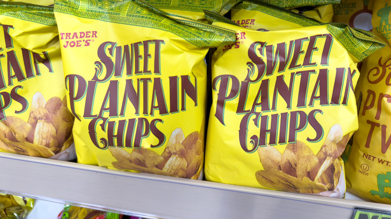 Bags of Trader Joe's sweet plantain chips on store shelf