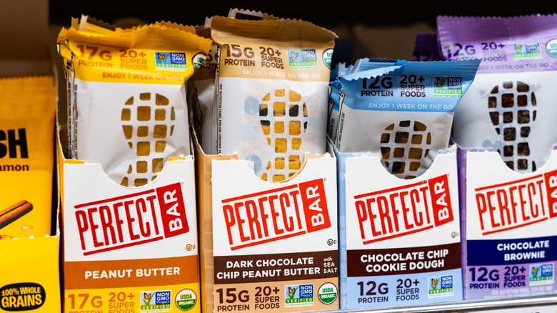Row of Perfect Bars on shelf in grocery store